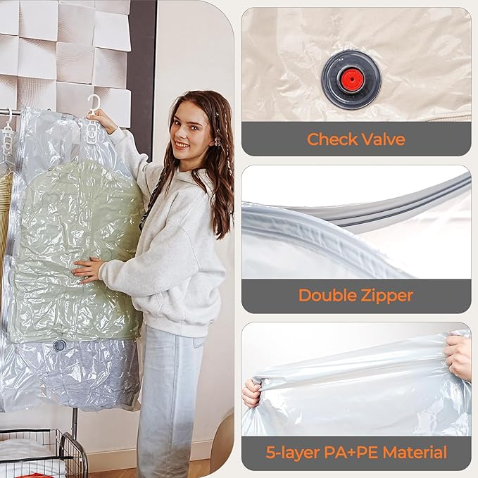 Vacbird Hanging Vacuum Storage Bags for Clothing 4 Pack Hanging Vacuum Seal Bags for Clothing Suit Bags Closet Storage, Hanging Plastic Clothes Cover for Coat, Dress, Fur, Shirt