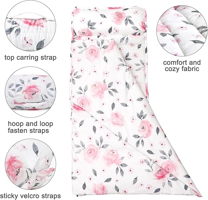 PHF Floral Toddler Nap Mat Set, with Removable Pillow for Toddler Girls, Soft and Lightweight for Daycare, Preschool, Travel, Kindergarten Sleeping Bag, Fits Ages 3-6 Years, Pink Floral