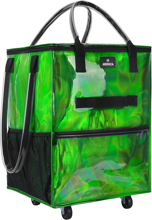 Reusable Grocery Bag On Wheels, 70L Foldable Shopping Cart with Multiple Pockets & 3-Way Carry System, Zippered Top, Heavy Duty Handles for Groceries, Camping, Moving, Medium, Gradient Green