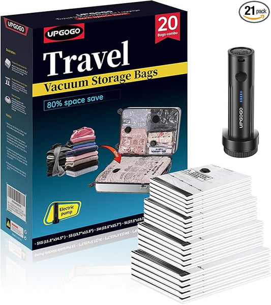 UPGOGO Travel Vacuum Bags for Luggage with Portable Electric Pump,Vacuum Seal Bags for Clothing,Packing Cubes Compression,Cruise Ship and Travel Essentials(Combo 20 Pack)