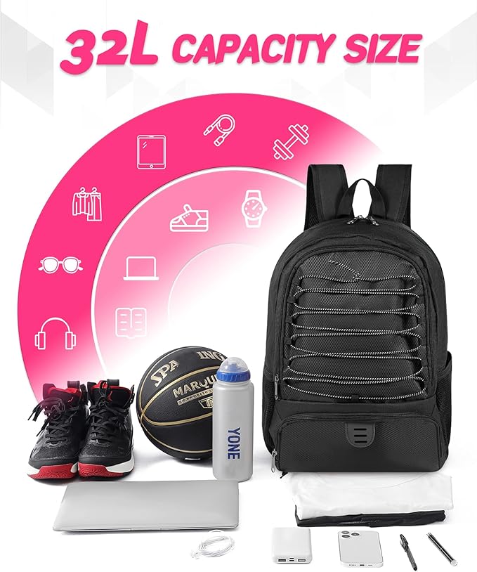 Basketball Bag Backpack for Men Women with Ball & Shoes Compartment 30L Capacity Lightweight Breathable Boys Girls Soccer Ball Bag Backpack Fit Volleyball Football Sports Travel School Gym