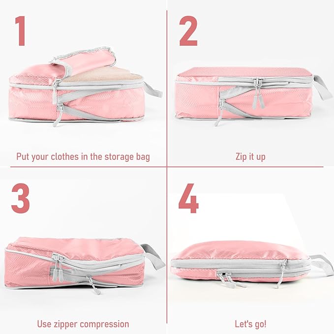 4 Set Packing Cubes For Travel Essentials, Luggage Packing Organization Cubes Suitcase Organizer Bags Set For Luggage Travel Packing Cubes For Suitcases Durable (4 Pcs, Pink)