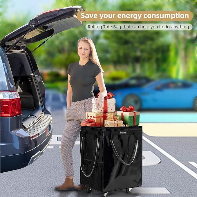 (Medium, Black) Reusable Grocery Bag on 4 Wheels, Foldable Rolling Tote Carries Up to 66lb Shopping Trolley, Rolling Bag with 3 Handles, Zipper Clouser Rolling Tote Bag with Wheels for Laundry
