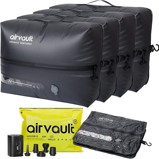 AirVault Reusable Vacuum Compression Travel Bag for Carry-On Suitcase and Backpack, Recycled IP67 Waterproof Space Saver Vacpack (18L (4-Pack))