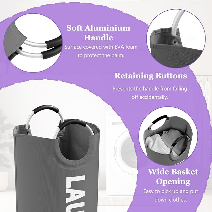 Collapsible Laundry Basket with Handles, 95L Large Laundry Hamper for Bedroom, Dirty Clothes Hamper Stand Up Well, Portable Storage Basket for Famliy, Travel, Dark Grey