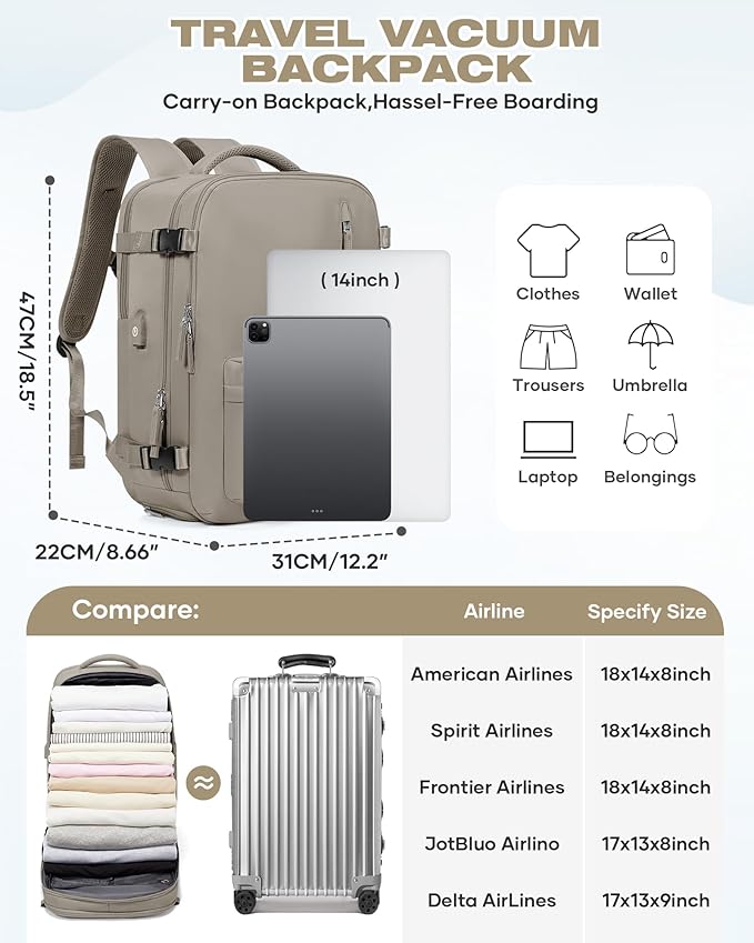 Vacuum Seal Travel Backpack Built-in Pump,Air Compression System Vacuum Vacpack Backpack Travel Bag for Women Men Carry On Suitcase Luggage Laptop Airlines Approved Daypack Space Saver Bags Grey Brown