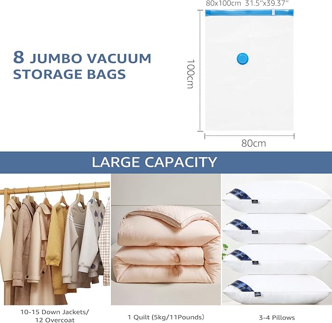 BoxLegend 10 Jumbo Vacuum Storage Bags with 1500mAh USB Electric Pump 31.5’’x39.37'' Thickened Vacuum Seal Bags for Large Down Jackets Comforters Bedding & Pillows Clothing Space-Saving Home Storage