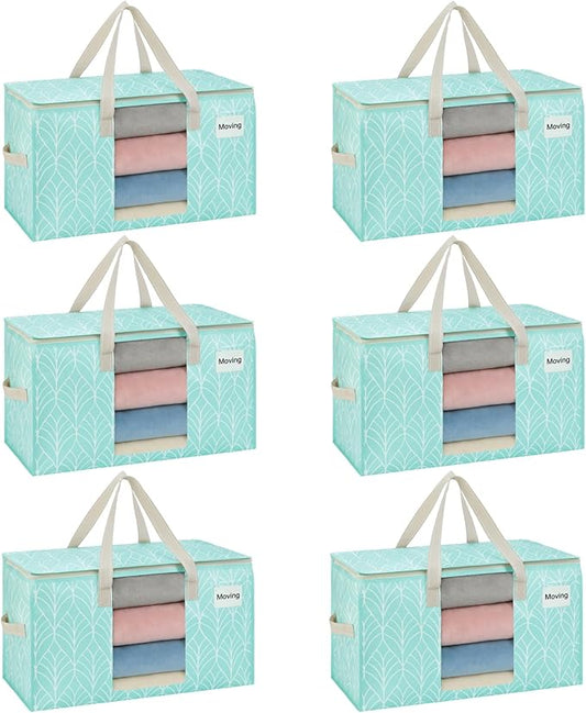 VENO 6 Pack Heavy Duty Moving Bags, Clothes and Comforter Storage Bags with Clear Window, College Dorm Essentials Packing Supplies, Foldable Boxes Alternative (Evergreen, 6 Pack)