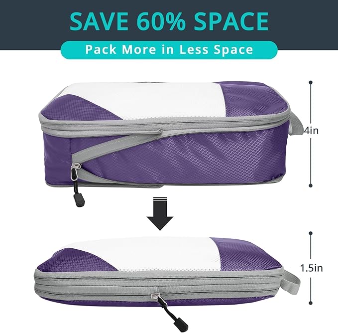 NICOSHOW Compression Packing Cubes 6 Set, Compressible Space-Saving Packing Cubes for Travel - Compression Bags, Luggage Organizer, Travel Essentials for Women, Purple