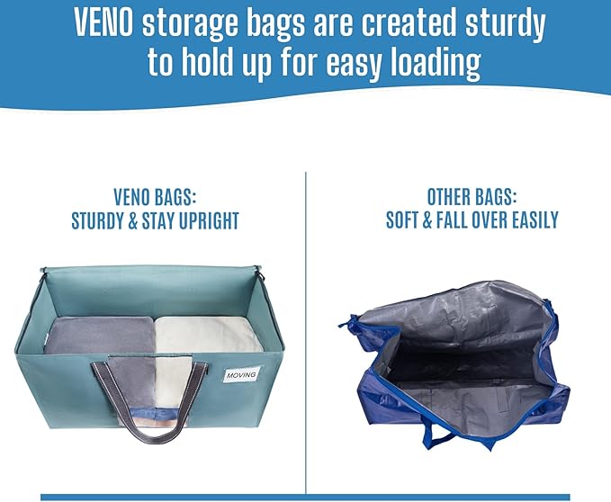 VENO 6 Pack Heavy Duty Moving Bags, Clothes and Comforter Storage Bags with Clear Window, College Dorm Essentials Packing Supplies, Foldable Boxes Alternative (Shiny Light Blue, 6 Pack)