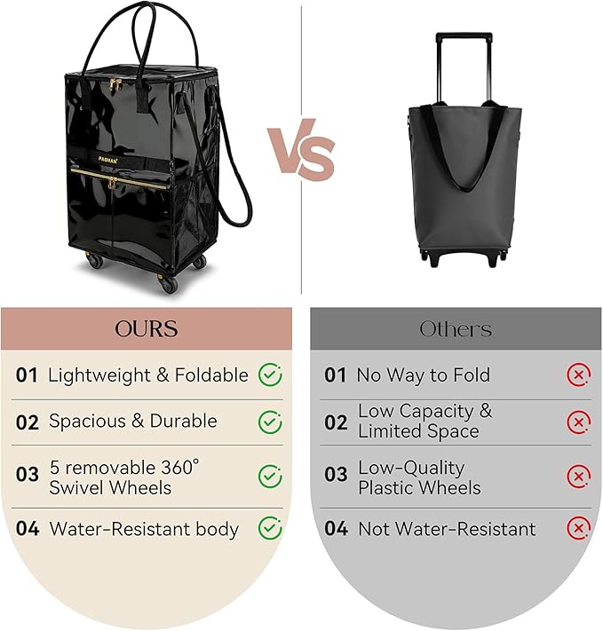 Reusable Grocery Bag on 5 Wheels, Foldable Rolling Tote Bag with Handle and Zipper Cover, Heavy Duty Shopping Cart for Laundry, Market & Travel (Black2, Medium_67L)