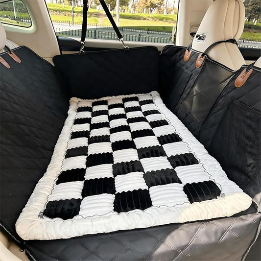 59"x27.6" Thickened Backseat Dog Bed Mat, Non-Slip Pet Car Seat Blanket with Laundry Bag, High-Resilience PP Cotton, Washable, for Backseat Extenders & Seat Covers, Black & White