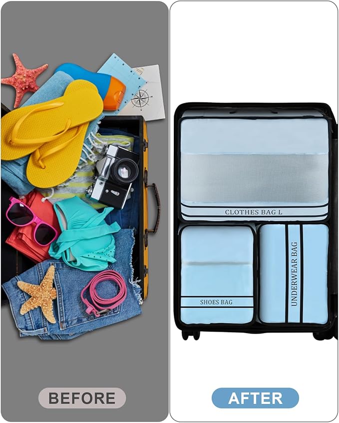 9 Set Packing Cubes Luggage Packing Organizers for Travel Accessories Space Saving Travel Bags for Carry On, Lightweight Mesh Zipper, Clothes, Shoes, Laundry and Shoe Bag, Suitcases (Blue)
