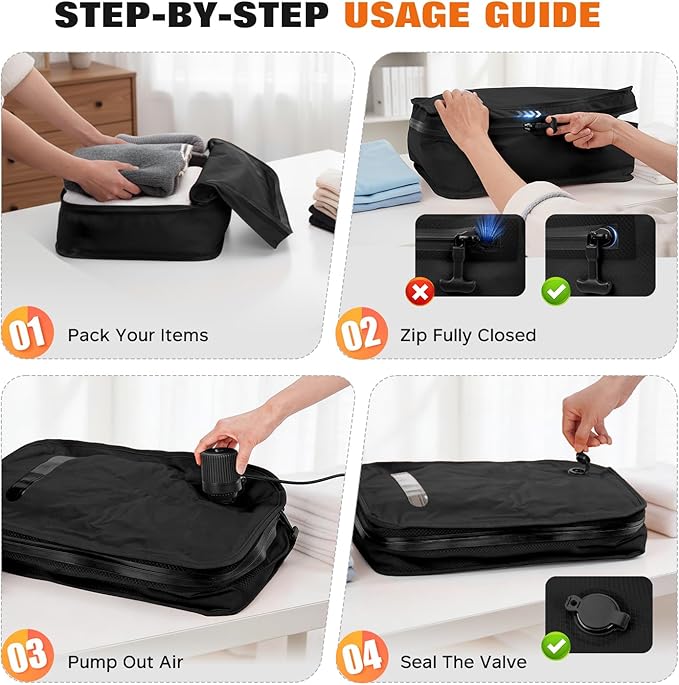Vacuum Bags for Travel with Wired Pump, Travel Compression Bags for Clothes, 180° Open Zipper, Save 80% Space, IP68 Waterproof Travelpack Vacuum Kit for Luggage, Suitcase, Home Storage (2 Pack + Pump)