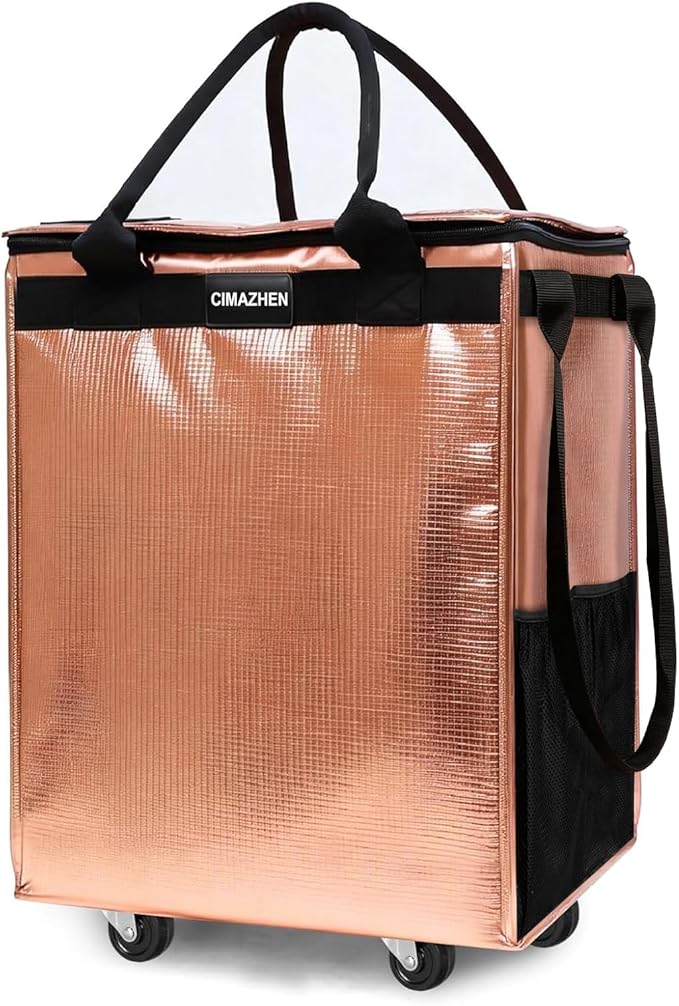 (Medium,Rose Gold) Reusable Grocery Bag on 4 Wheels, Foldable Rolling Tote Bag with 3 Handles and Zipper, Storage Organizer for Groceries, Rolling Shopping Cart for Travel, 76lb
