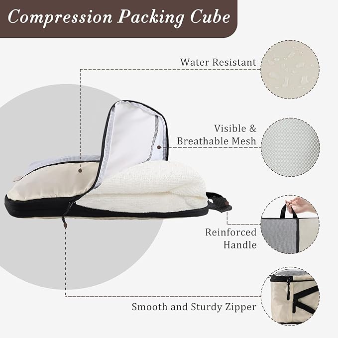 U+U 10 Set Compression Packing Cubes - Ultralight Cream Travel Organizers with Laundry Bag, Space-Saving Suitcase Organizer, Expandable Packing Cubes for Travel and Family Vacation (Cream)