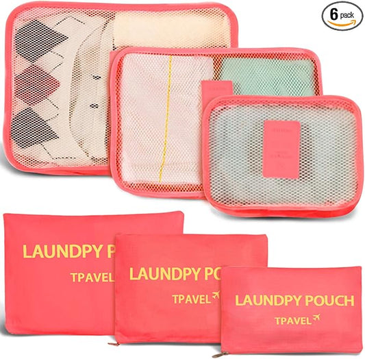 6 Set Packing Cubes for Travel Luggage Packing Bags Reusable Waterproof Suitcase Organizer Bags Set with Shoe Bag and Toiletry Bag (Watermelon Red‌)