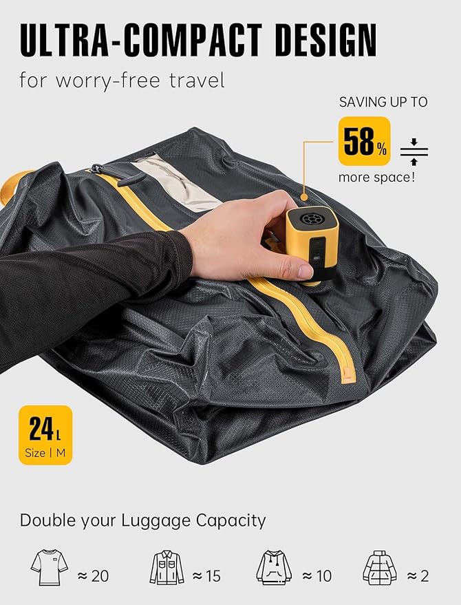 Vacuum Bags for Travel w/Rechargeable Pump, 24L Reusable Vacuum Compression Bag Packing Cubes for Carry-On Suitcase & Backpack, IP67 Waterproof Space Saver Vacpack Storage Kit (2 Pack+Pump)