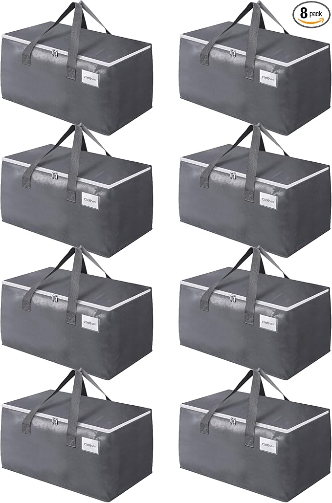 BlissTotes Large Moving Boxes and with Zippers & Handles Moving Supplies with lids, Heavy Duty Totes for Storage Bags for Space Saving, Fold Flat, Moving and Storing 93L, 8 Pack