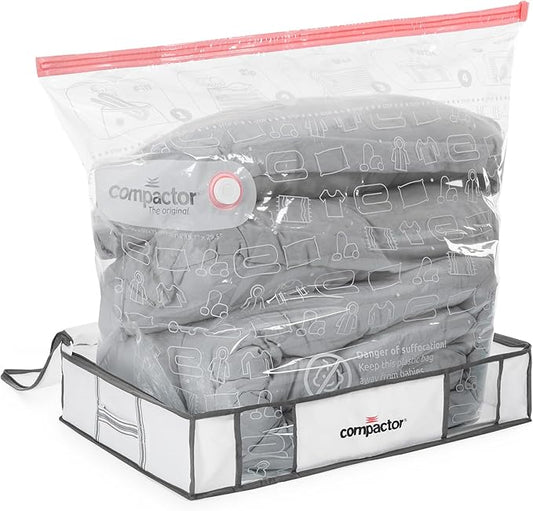 Compactor Under Bed Vacuum Storage Bag with Semi-Rigid Box, Closet Organizer, Vacuum Seal Bags for Clothing and Bedding, Fits All Vacuum and Nozzle Types, 145L, Large, White
