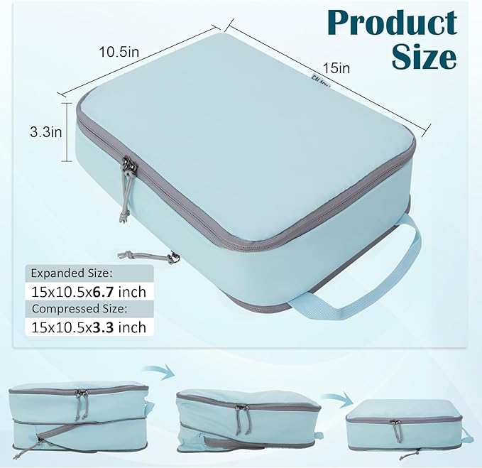 Large Compression Packing Cubes for Travel, 2 Set Compression Bags Travel Cubes for Packing Suitcase Luggage Organizer, Blue