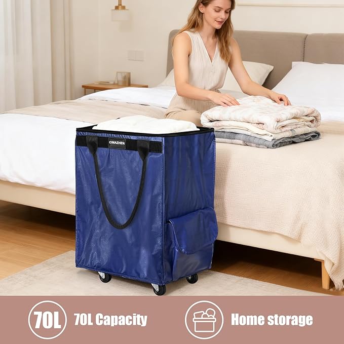 (Medium,Blue) Reusable Grocery Bag on 4 Wheels, Foldable Rolling Tote Bag with 3 Handles and Zipper, Storage Organizer for Groceries, Rolling Shopping Cart for Travel, 76lb