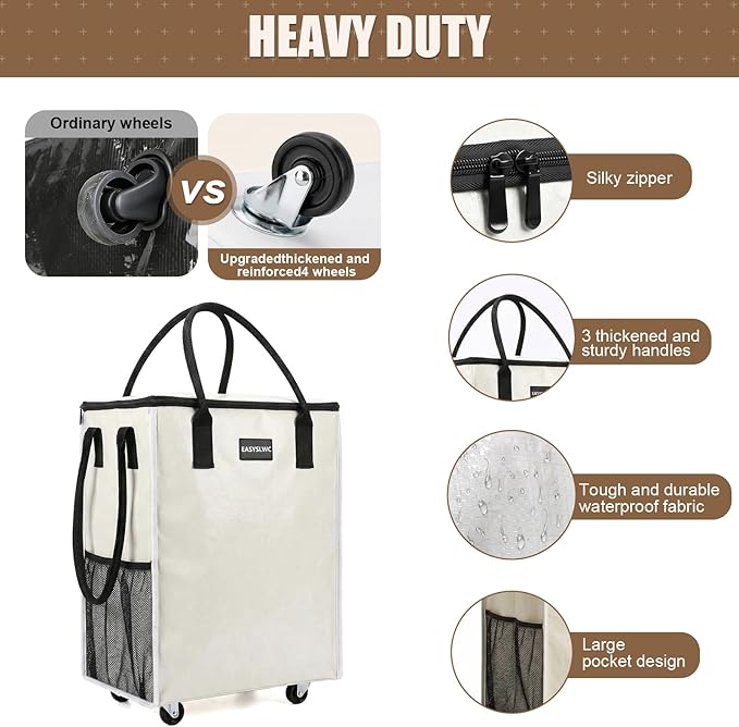 Reusable Hauler Rolling Tote Bag, Collapsible Portable Shopping Cart with Wheels for Groceries, Apartments Laundry, Organization, Heavy Duty Utility Tote, Travel and Moving, 75lbs, Beige