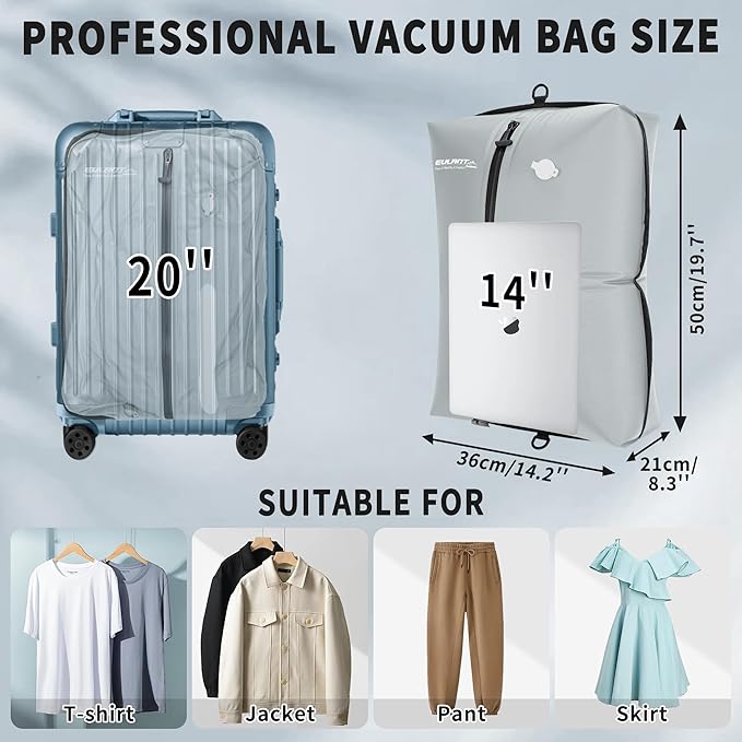 Reusable Vacuum Bags for Travel,Professional Waterproof IPX8 Vacuum Compression Bag for Suitcases Backpack,Space Saver Bags Packing Organizers for Clothing Packing(2 Pack,Dark Grey)