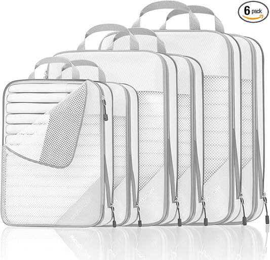 Compression Packing Cubes 6 Set, Compressible Space-Saving Packing Cubes for Travel - Compression Bags, Luggage Organizer, Travel Essentials for Women, White
