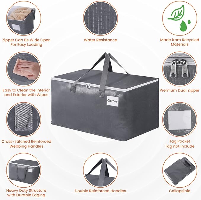 BlissTotes Large Moving Boxes and with Zippers & Handles Moving Supplies with lids, Heavy Duty Totes for Storage Bags for Space Saving, Fold Flat, Moving and Storing 76L, 8 Pack