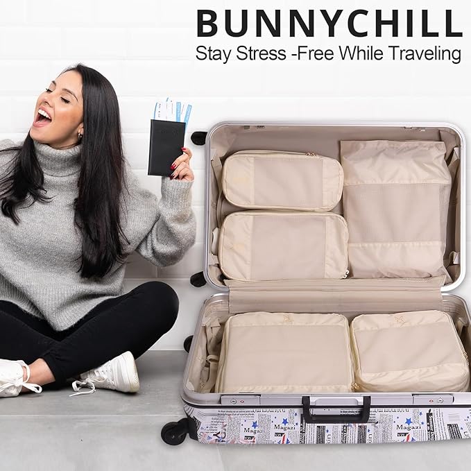 6/8 Sets Compression Packing Cubes for Travel, Bunnychill Portable Zipper Packing Cube for Cloting, Expandable Space Saver Storage Luggage Organizer Bags for Suitcases