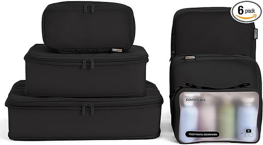 6 Set Compression Packing Cubes for 7–14 Day Travel, Durable Nylon Oxford Luggage Organizers with IP6X Waterproof Toiletry Bag, Expandable Suitcase Packing System (Jet Black)