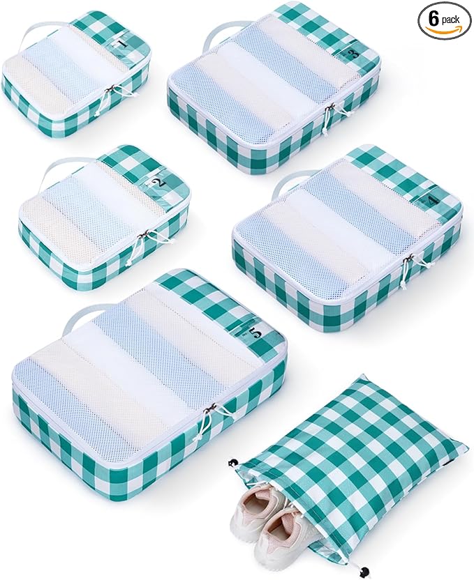 ECOHUB 6 Set Packing Cubes for Travel Durable Suitcase Organizer Bags Set with Personalized Tag Travel Essentials with Shoe Bag Traveling Accessories for Luggage Machine Washable,Turquoise Green