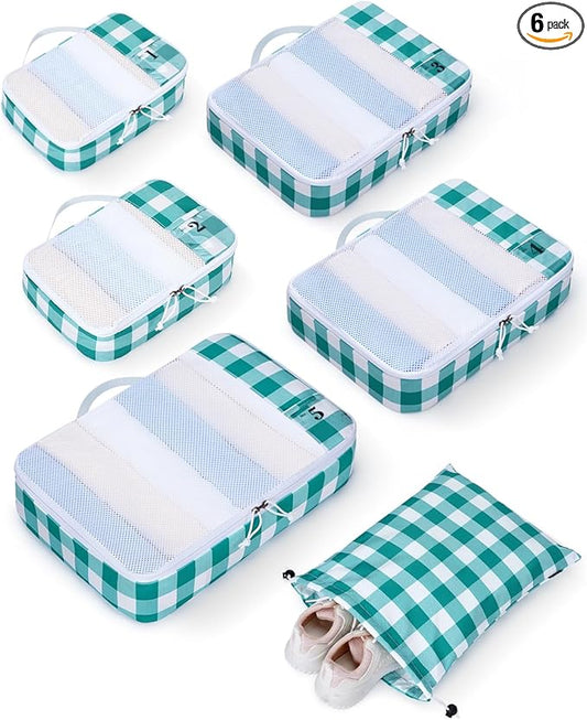 ECOHUB 6 Set Packing Cubes for Travel Durable Suitcase Organizer Bags Set with Personalized Tag Travel Essentials with Shoe Bag Traveling Accessories for Luggage Machine Washable,Turquoise Green