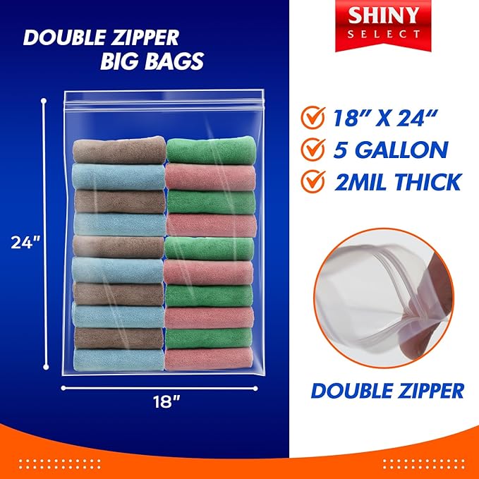 25 count – Extra Large Storage Bags with Double Zipper Top, 5 Gallon, Jumbo Reusable Freezer Bags for Food, Clear Plastic Bags for Clothes, Storage and Travel, 18” x 24”, 2 Mil Thick