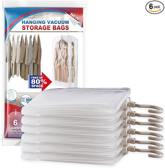 Hanging Vacuum Storage Bags, 6 Pack Large Hanging Vacuum Seal Garment Bags for Clothing, Space Saver for Clothes, Suits, Dresses, Jackets, Clothing Storage for Moving Supplies(6 Long)