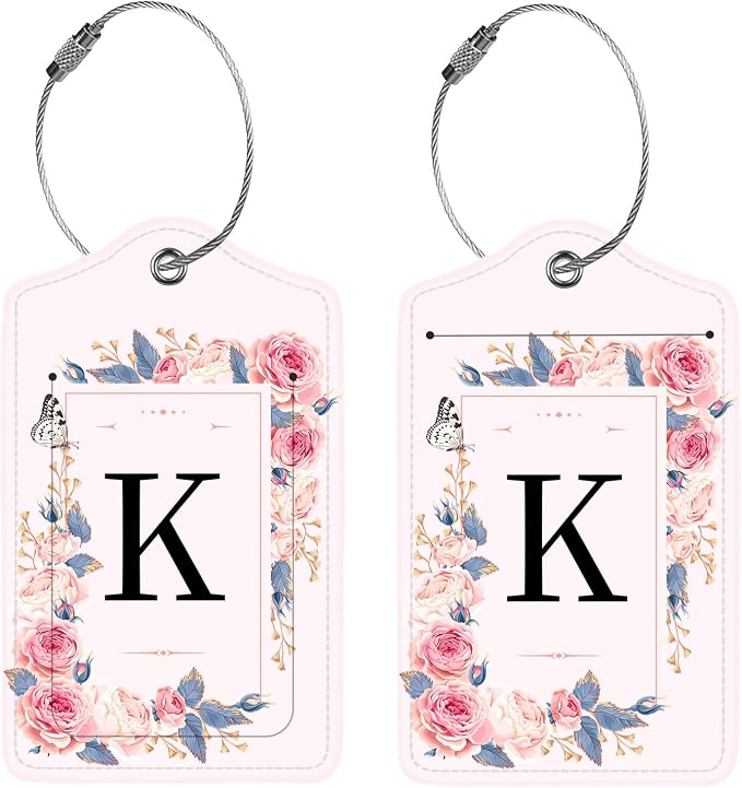 2 Pcs PU Leather Luggage Tag for Suitcases with Privacy Shield and Name ID Tag Address Card Travel Cruise Luggage Tag, Suitable for Men and Women Baggage Handbag Backpack,Flower and Monogram(Letter K - Image 4