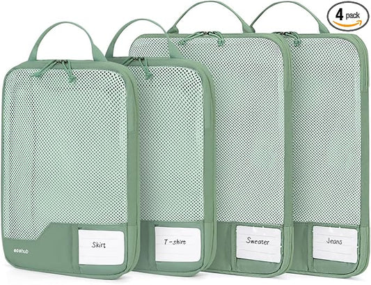 ECOHUB 4 Set Compression Packing Cubes for Travel Essentials, Suitcases Organizer Bags with Tag, Travel Bags Organizer for Luggage, Green-Compress