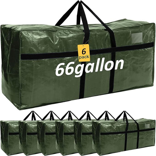 6 Pcs 66 Gallon Extra Large Moving Bags Heavy Duty Storage Bag with Strong Zipper Handle Foldable XXL Jumbo Storage Tote Packing Moving Box for College Dorm Travel Cloth Duffle (Army Green)