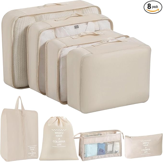 8 Set Packing Cubes for Suitcases, INVODA Travel Luggage Packing Organizers with Laundry Bag, Compression Storage Shoe Bag, Clothing Underwear Bag (Beige)
