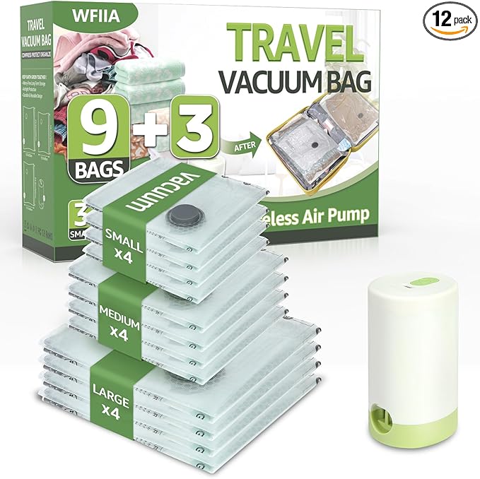 12 Packs Vacuum Bags for Travel with Rechargeable air Pump, 3 Sizes Vacuum Seal Bags for Clothing, Space-Saving Compression Storage Bags for Travel & Closet Organization