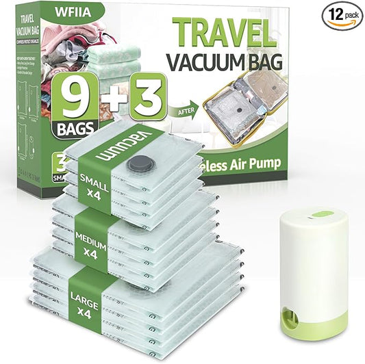 12 Packs Vacuum Bags for Travel with Rechargeable air Pump, 3 Sizes Vacuum Seal Bags for Clothing, Space-Saving Compression Storage Bags for Travel & Closet Organization