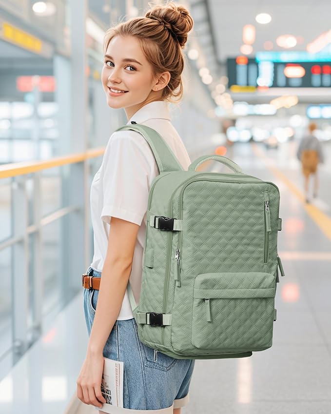 Travel Vacuum Storage Backpack with Air Pump Vacuum Seal Compression Space Saver Bags Clothing Vacpack 18x14x8 inches Travel Bag Carry on Personal item Laptop Work Backpacks Women LightGreen