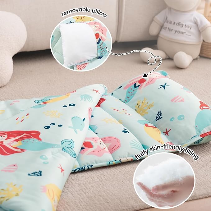 PHF Cute Mermaid Toddler Nap Mat Set, with Removable Pillow for Toddler Girls, Soft and Lightweight for Daycare, Preschool, Travel, Kindergarten Sleeping Bag, Fits Ages 3-6 Years, Cute Mermaid