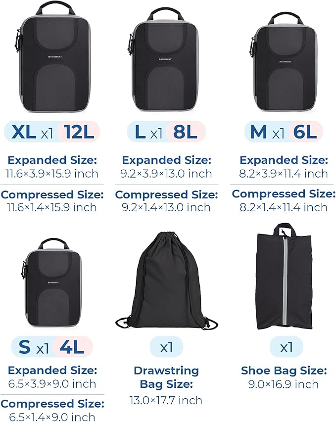 BAGSMART Compression Packing Cubes, 6 Set Packing Cubes for Suitcases, Lightweight Suitcases Organizers Bag Set & Compression Travel Cubes, Travel Essentials Packing Organizers Black