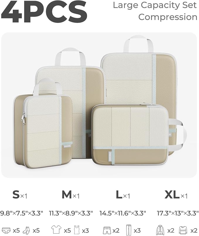 Percover Compression Packing Cubes for Travel, 4-Piece Structured Compression Organizer Set with Label Pockets for Carry-On & Checked Luggage, Camel