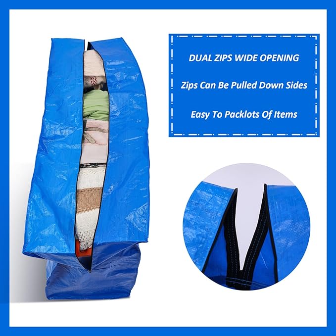 6 Pcs 96 Gallon Extra Large Moving Bags Heavy Duty Storage Bag with Strong Zipper Handle Foldable XXL Jumbo Storage Tote Packing Moving Box for College Dorm Travel Cloth Duffle (Blue)