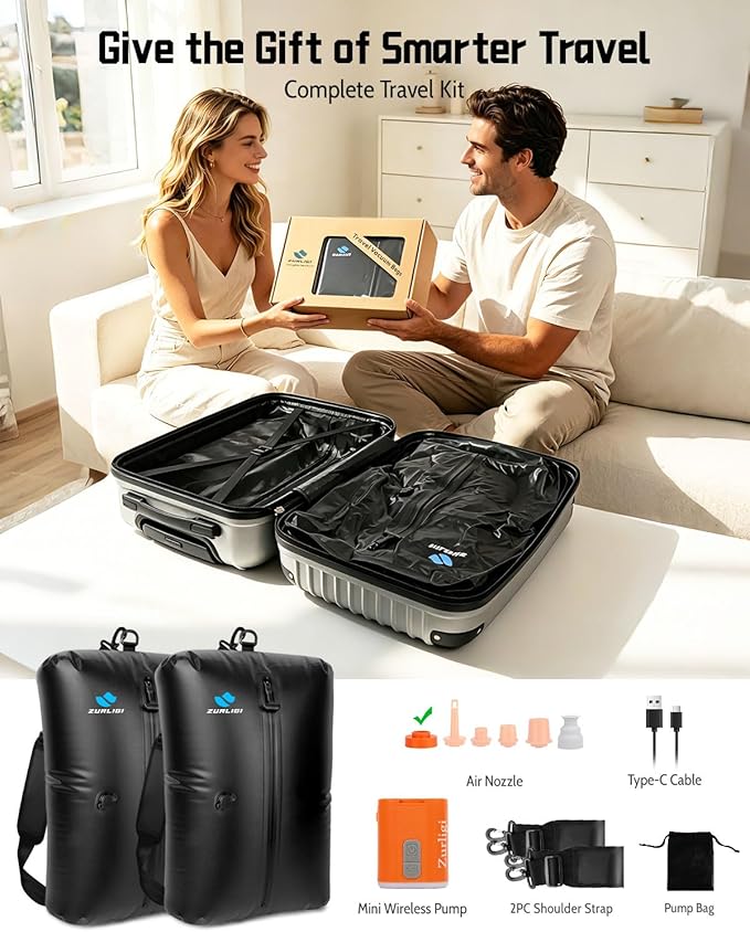 Zurligi Travel Vacuum Bag Kit with Wireless Pump, IPX8 Waterproof Durable, Airtight Heavy-Duty Zipper, Portable Reusable Compression Packing Cubes with Shoulder Strap for Travel, Moving, Home Storage
