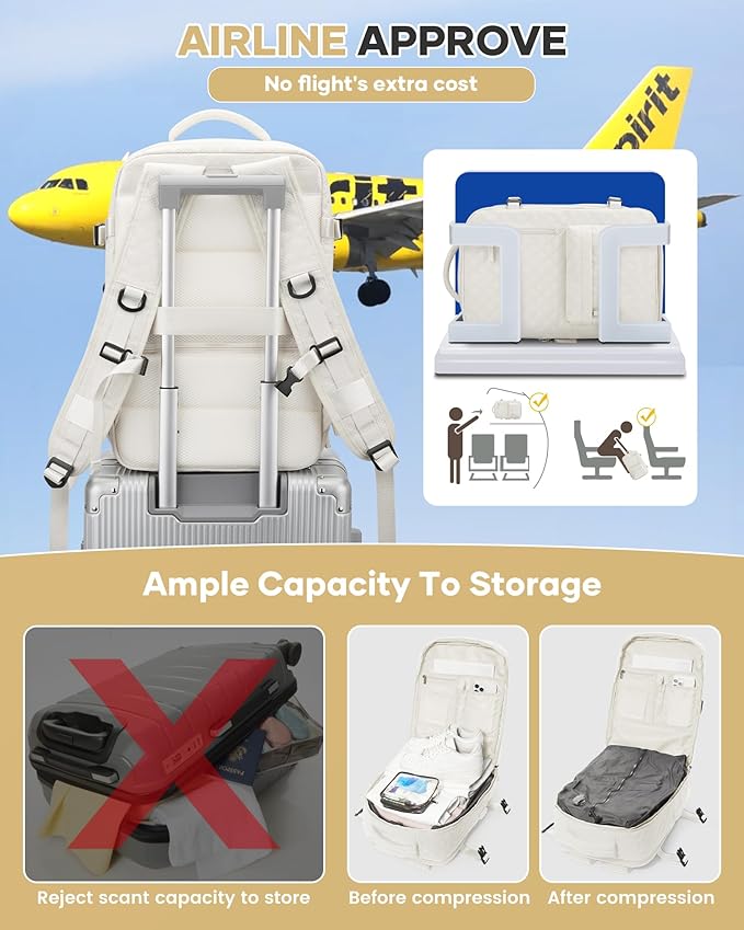 WONHOX Travel Vacuum Storage Backpack with Air Pump Vacuum Seal Compression Space Saver Bags Clothing Vacpack 18x14x8 inches Travel Bag Carry on Personal item Laptop Work Backpacks Women Men Beige