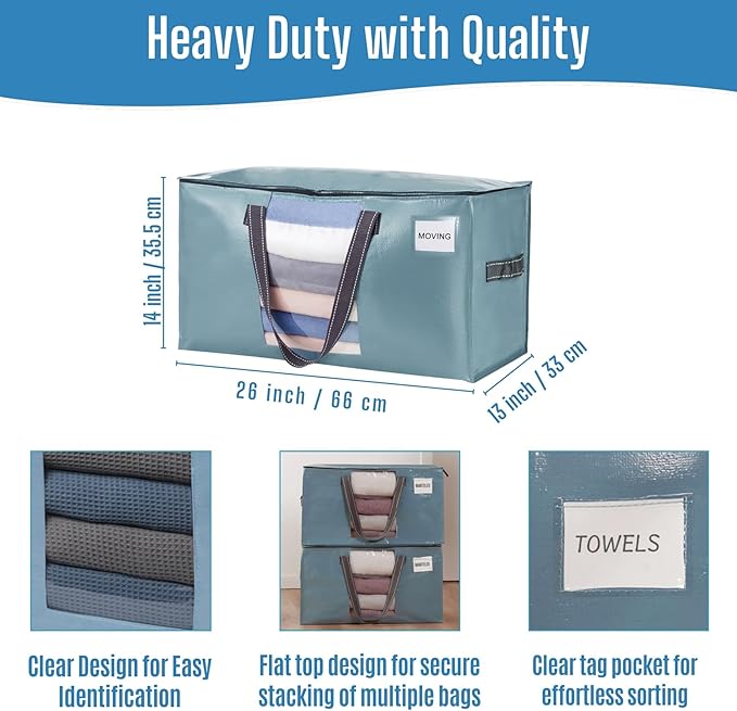 VENO 6 Pack Heavy Duty Moving Bags, Clothes and Comforter Storage Bags with Clear Window, College Dorm Essentials Packing Supplies, Foldable Boxes Alternative (Shiny Light Blue, 6 Pack)